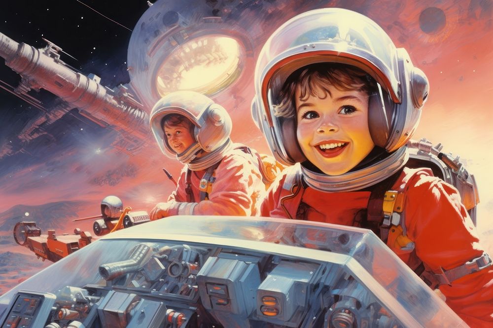 Joyful children astronaut vehicle helmet.