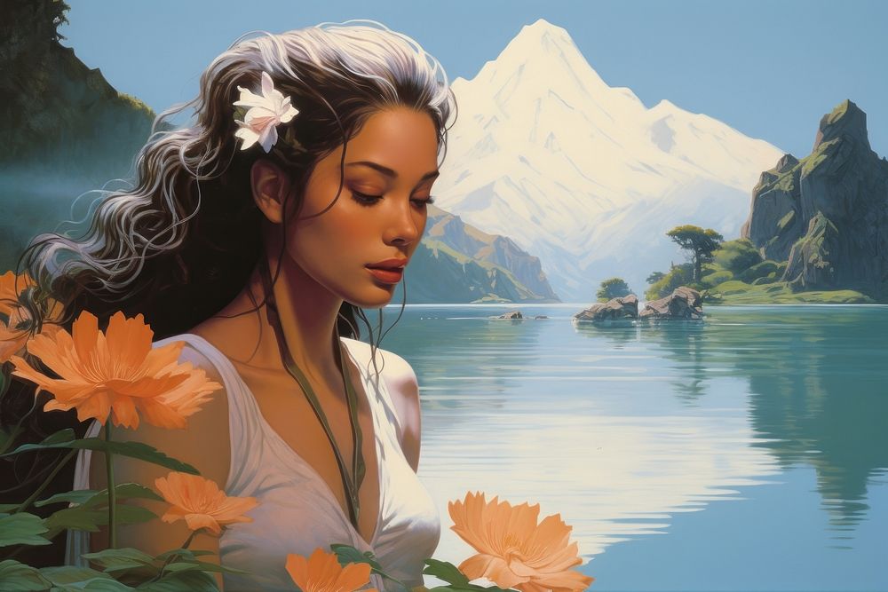Serene woman with flower by a lake portrait outdoors painting.