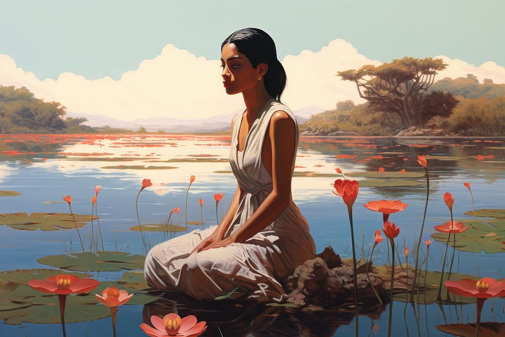 Serene woman with flower by a lake painting art outdoors.