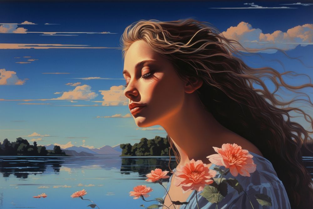 Serene woman with flower by a lake painting portrait outdoors.