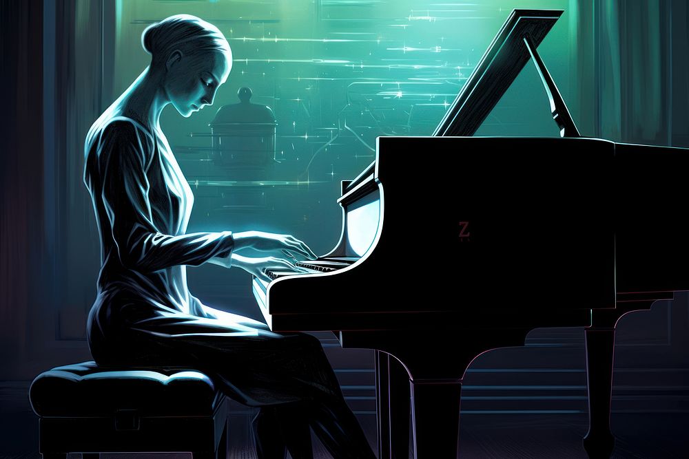 Serene pianist play piano keyboard musician adult.
