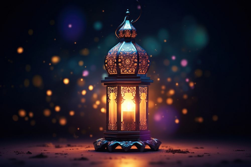 Ornamental Arabic lantern lighting outdoors glowing.