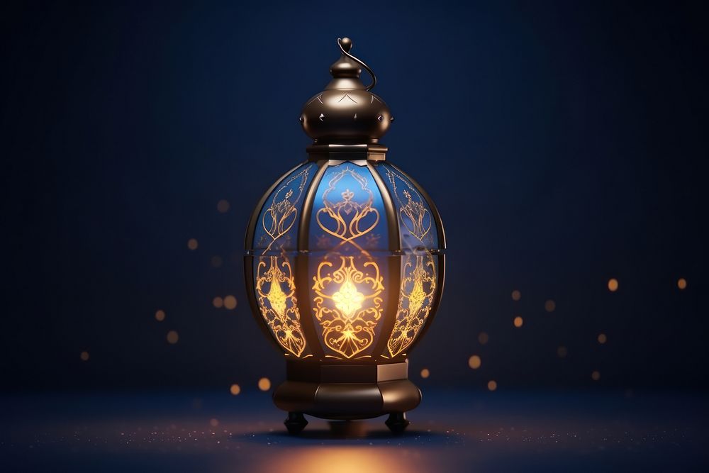 Ornamental Arabic lantern glowing burning candle.