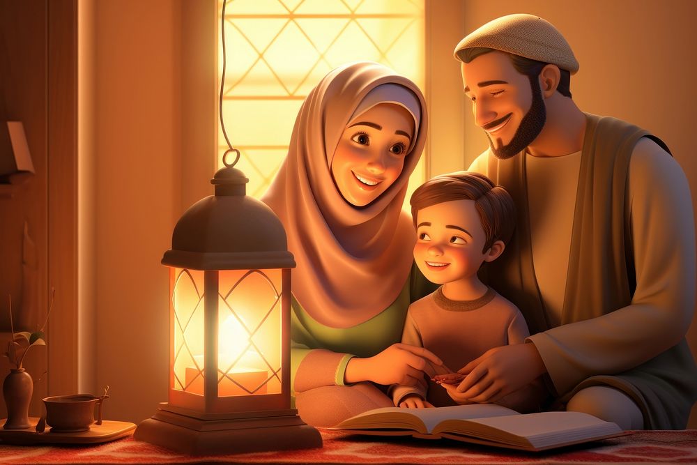 Ramadan muslim family cartoon adult lamp.