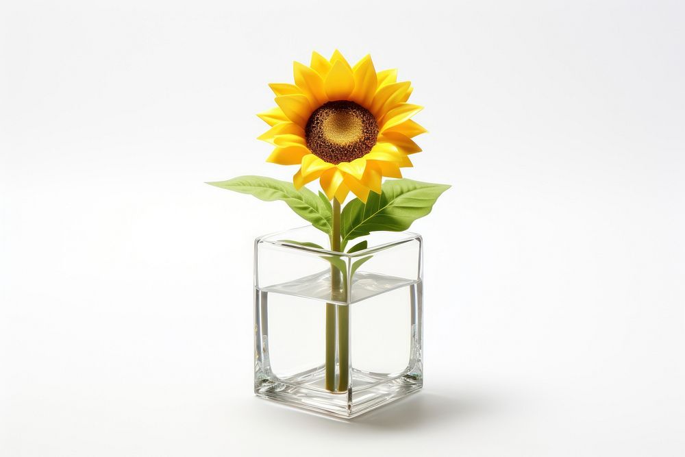 Transparent glass mini sunflower plant vase white background.