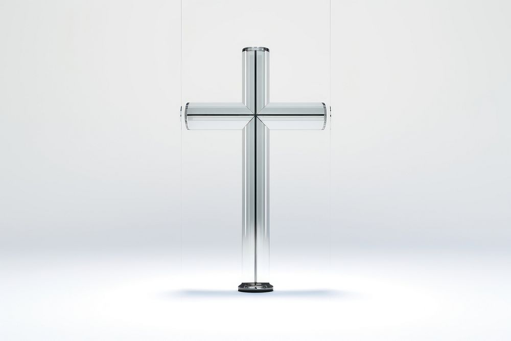 Transparent glass simple jesus cross symbol white background spirituality.