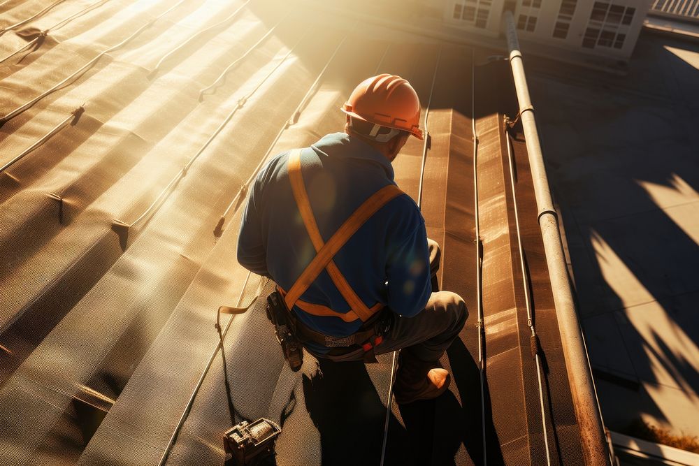 Construction worker on the roof sunlight hardhat helmet.