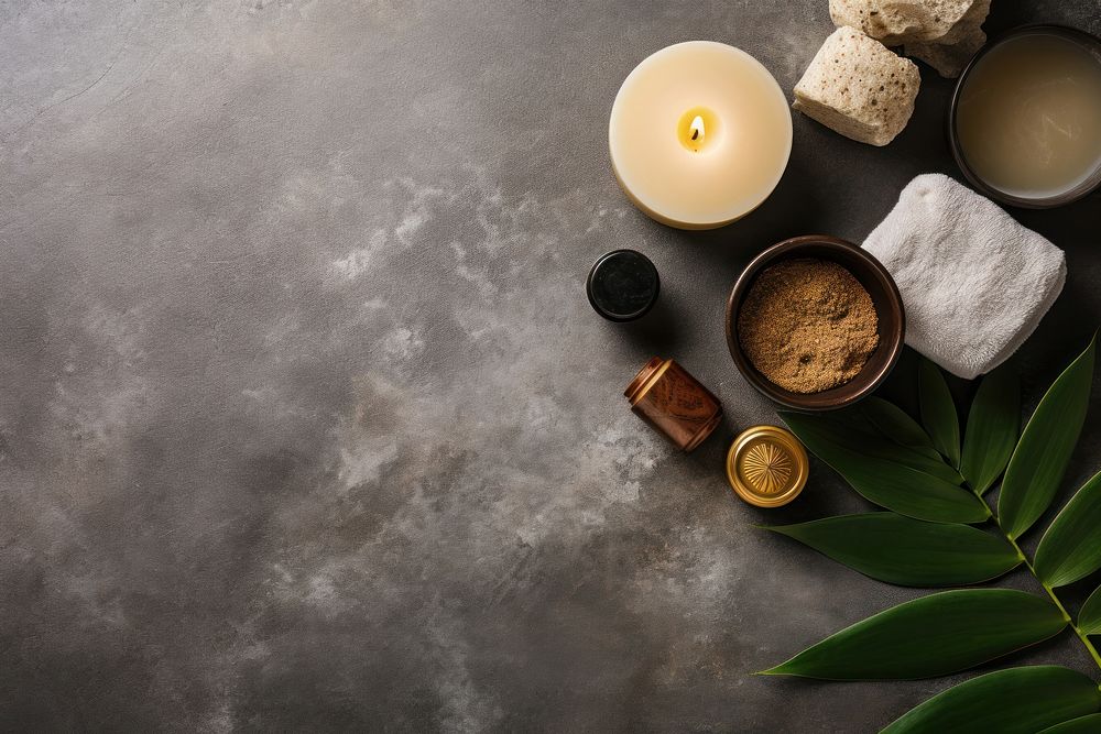 Spa essentials candle floor leaf. AI generated Image by rawpixel.