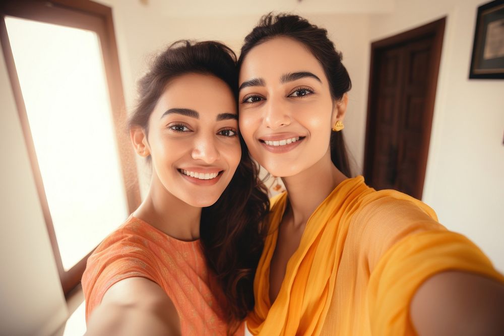 South Asian young women selfie smiling smile. AI generated Image by rawpixel.