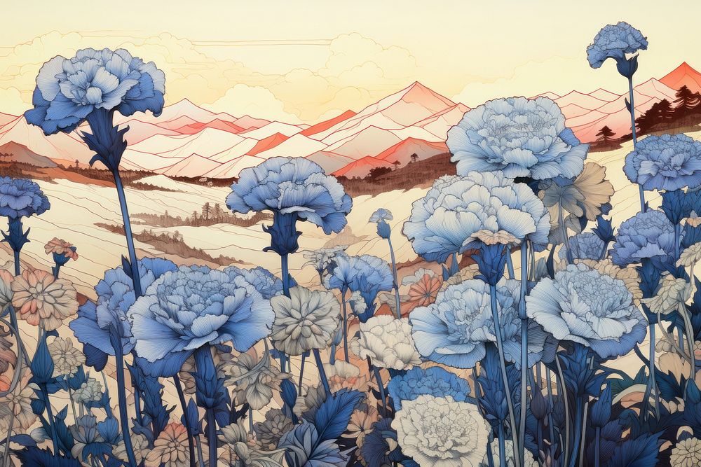 Blue carnation field flower art outdoors. AI generated Image by rawpixel.