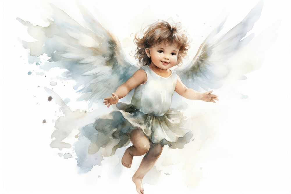Watercolor illustration of Child Angel fairy angel portrait representation.