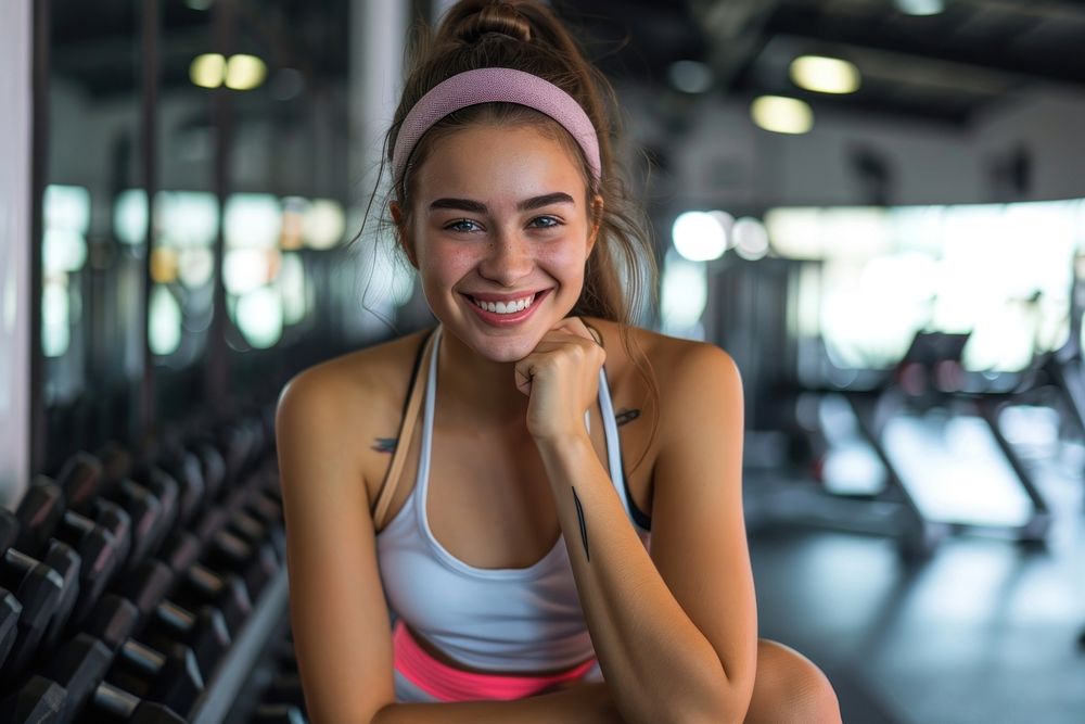 Young smiling woman having break after training at the gym smile determination bodybuilding.