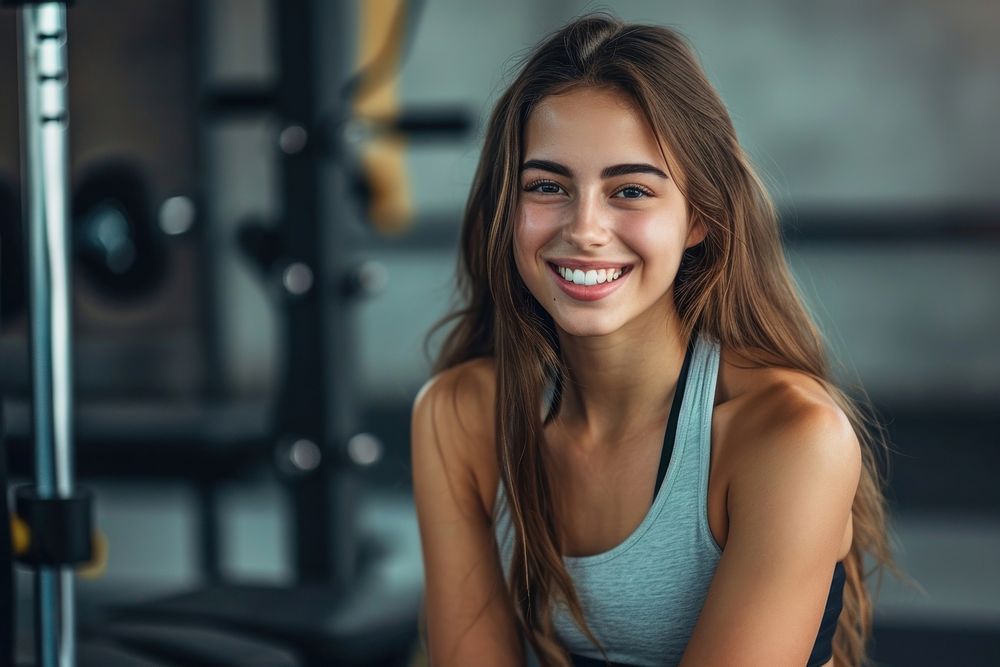 Young smiling woman having break after training at the gym smile determination exercising.