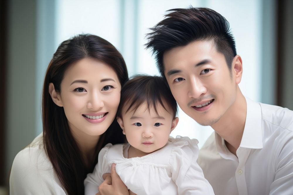 A Asian family smiling together with their young child adult baby togetherness.