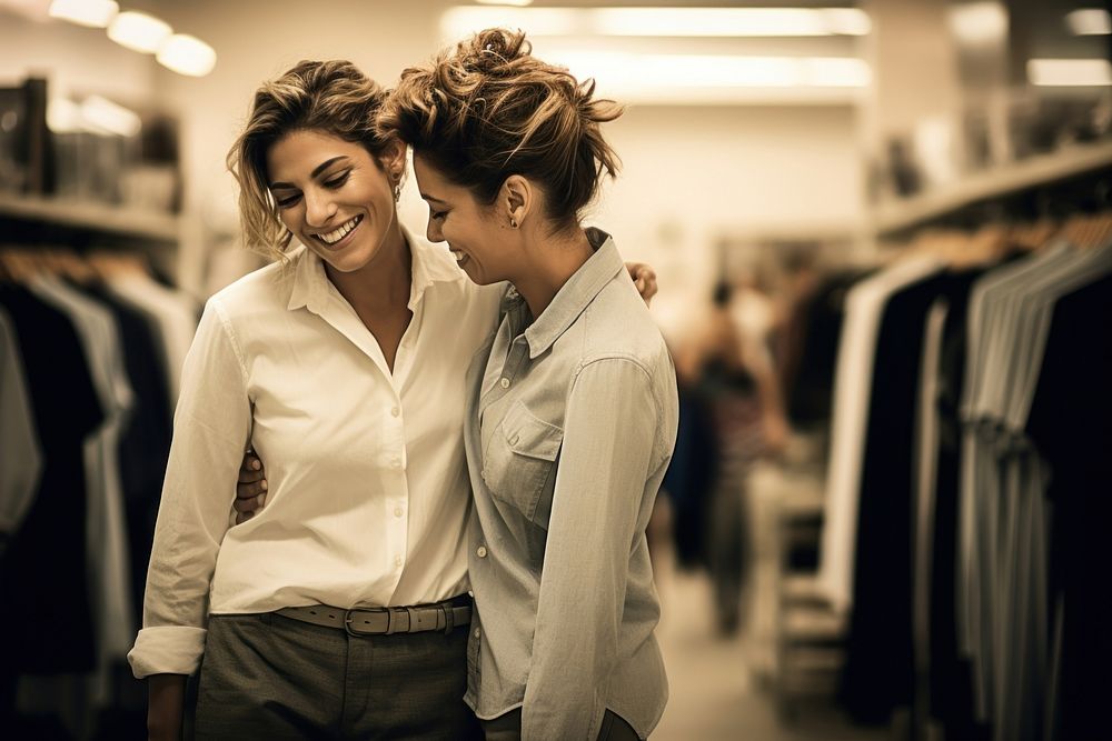 A Cuban lesbian couple shopping in the department store during discount time photography portrait adult.