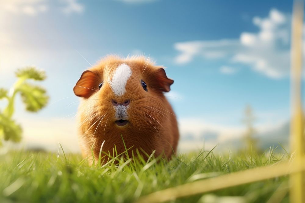 A guinea pig sitting on a green grass outdoors mammal animal.