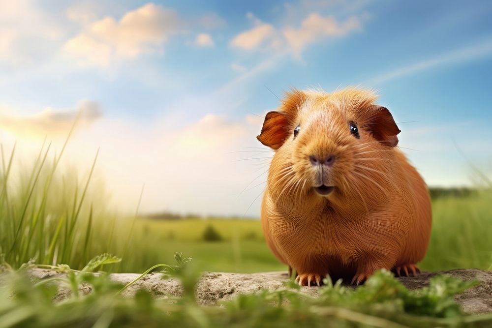 A guinea pig sitting on a green grass outdoors mammal animal.