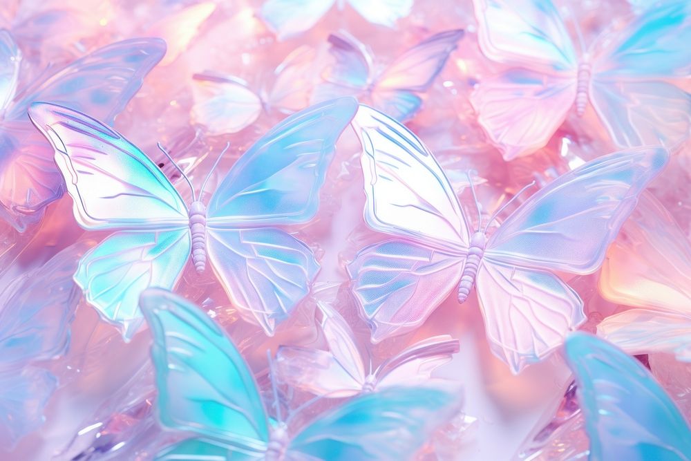 Pastel 3d butterfly aesthetic holographic outdoors petal plant.