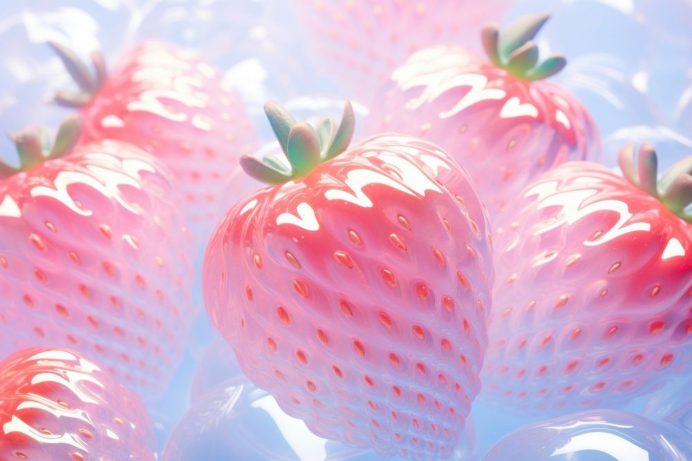 Pastel 3d strawberry holographic fruit plant food.
