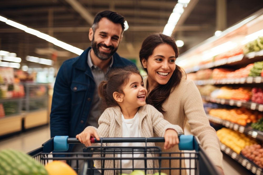 A joyful Hispanic family pushing supermarket cart during discount time shopping adult child.