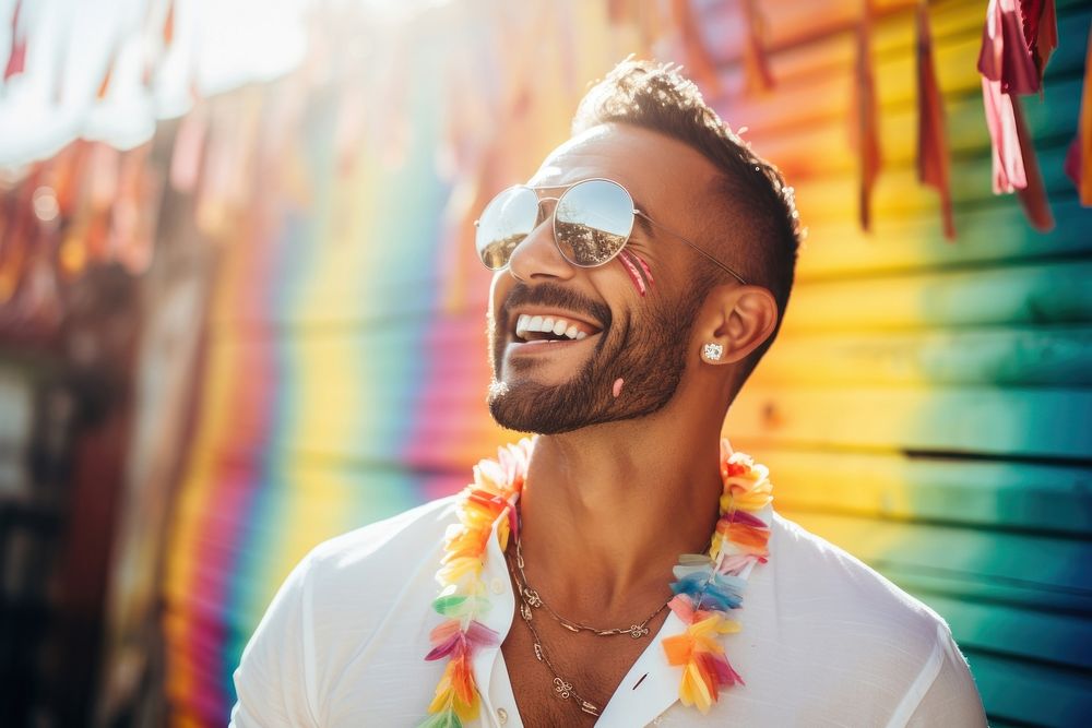 A joyful Hispanic gay shopping jewelry photography laughing portrait.