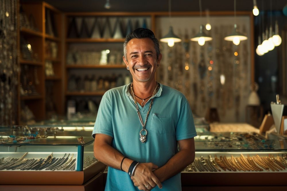 A joyful Hispanic gay shopping jewelry adult smile men.
