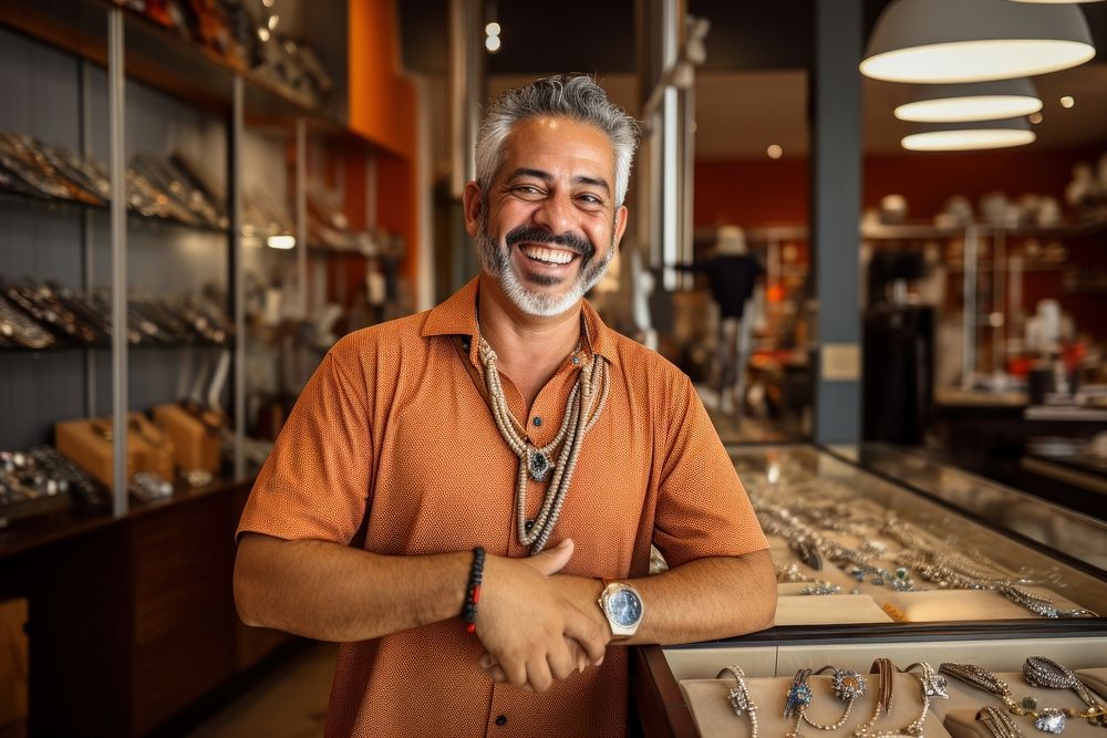 A joyful Hispanic gay shopping jewelry necklace adult men.
