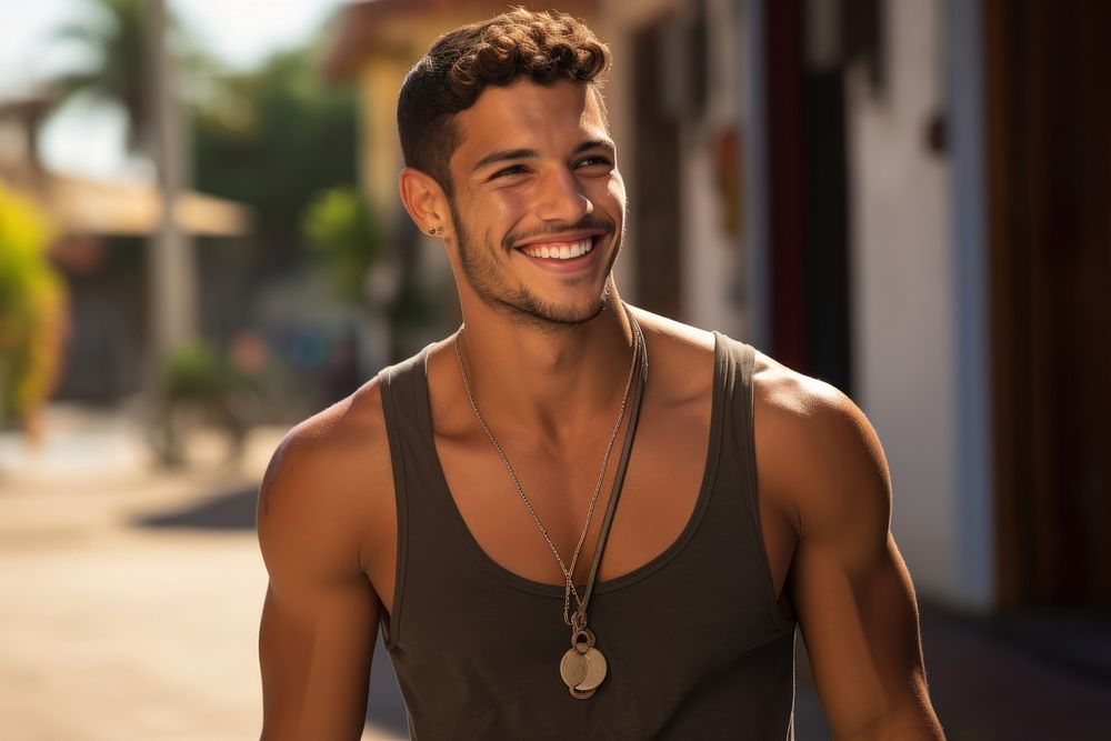 A joyful Hispanic gay shopping jewelry necklace adult smile.