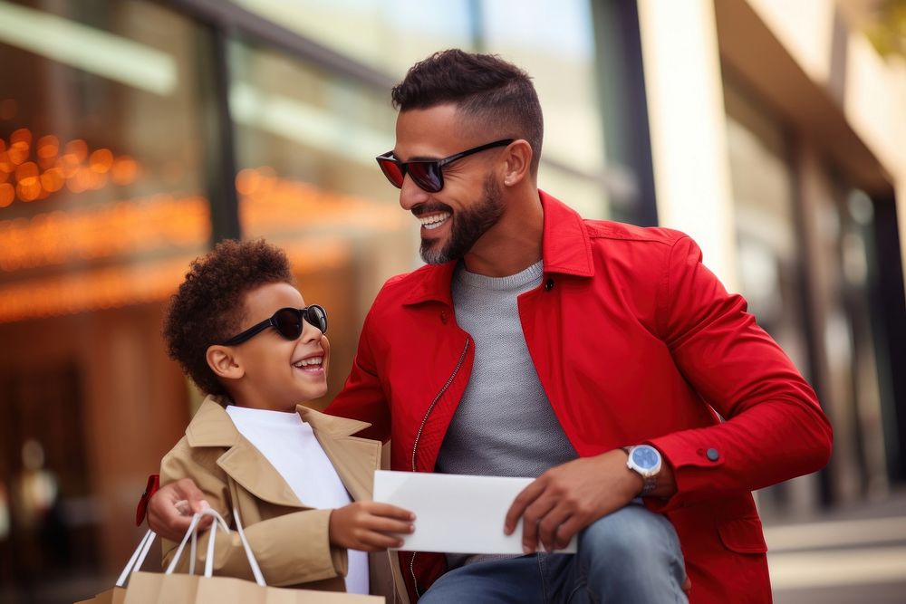 A joyful Hispanic man shopping with credit card adult men togetherness.