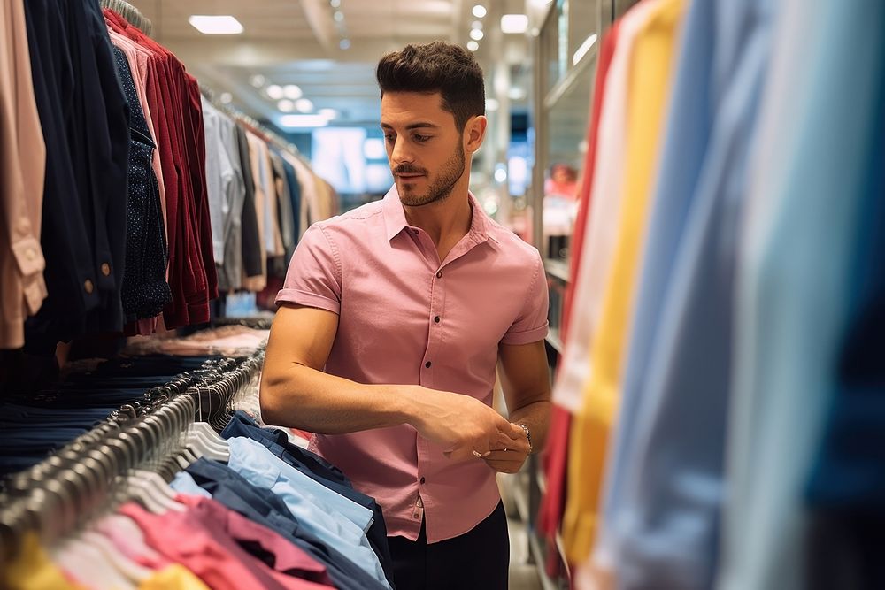 A Latin gay choosing shirt from the discounted items area in store shopping adult men.