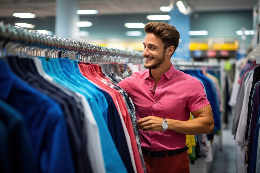 A Latin gay choosing shirt from the discounted items area in store shopping adult men.