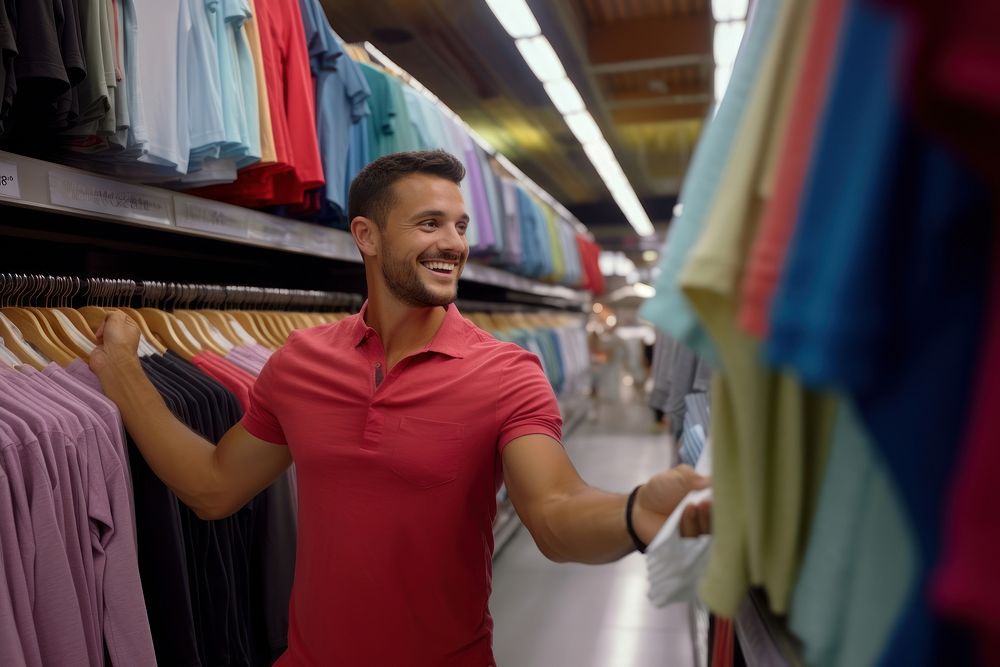 A Latin gay choosing shirt from the discounted items area in store shopping smile adult.