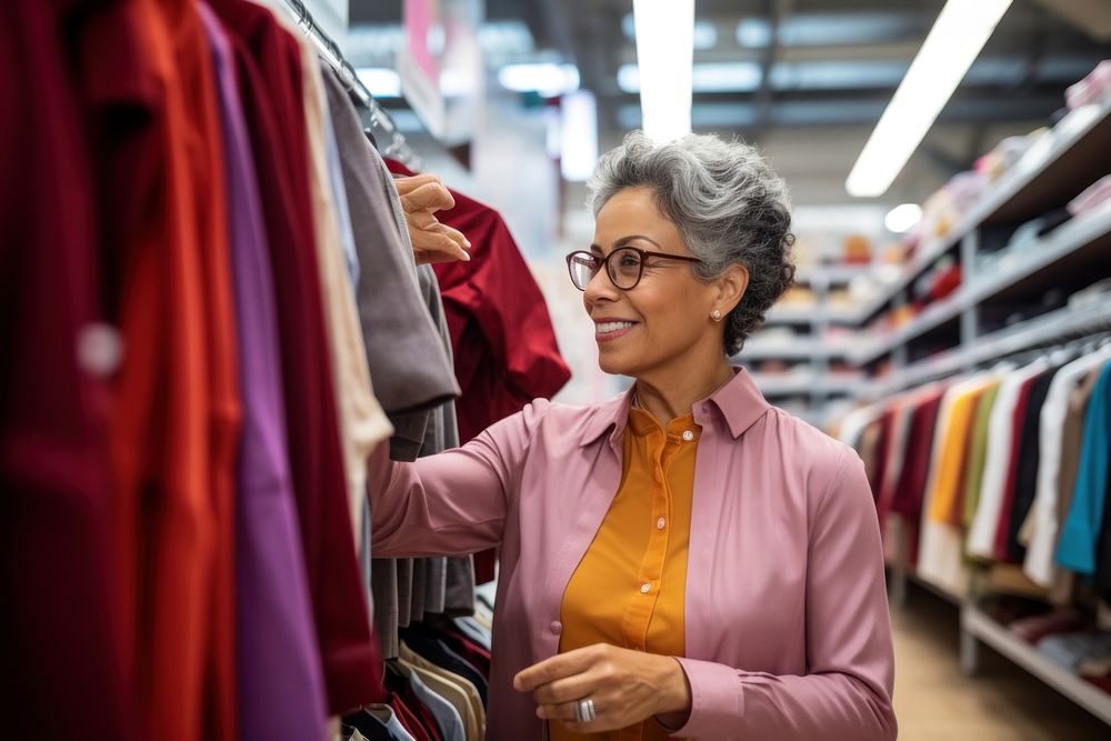 A Latin senior woman choosing shirt from the discounted items area in store shopping glasses adult.