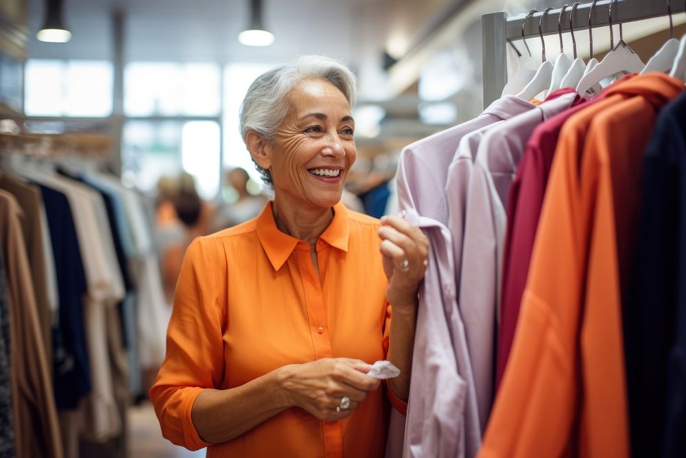 A Latin senior woman choosing shirt from the discounted items area in store shopping adult entrepreneur.
