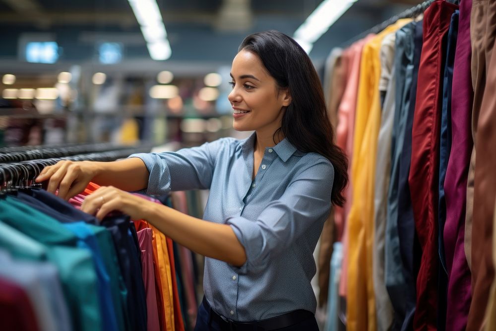 A Latin woman choosing shirt from the discounted items area in store shopping adult entrepreneur.
