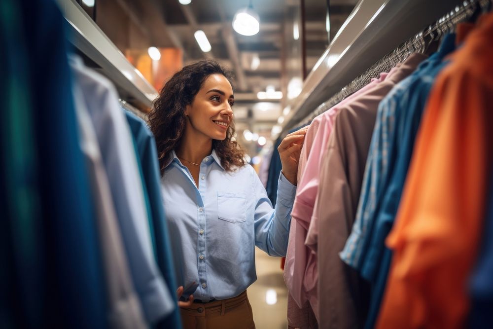 A Latin woman choosing shirt from the discounted items area in store shopping adult entrepreneur.