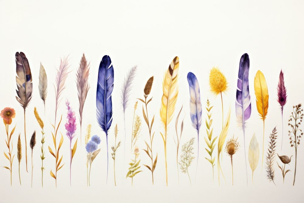 Various feathers lavender painting nature.