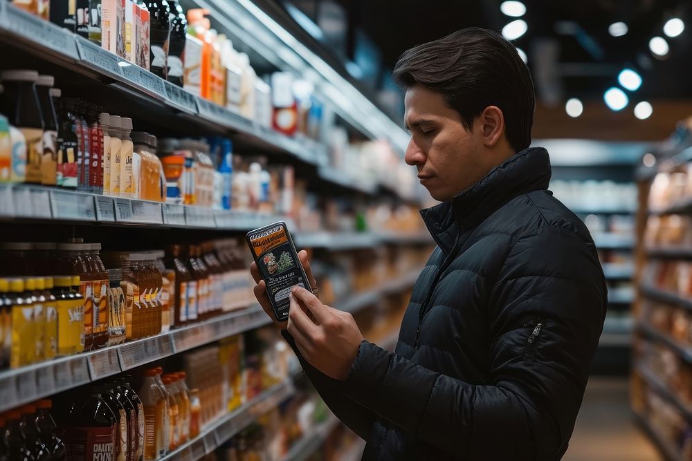 Latin man looking at product supermarket shopping store.
