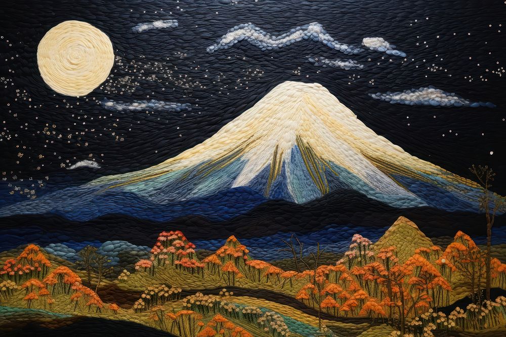Mt fuji in night landscape painting outdoors.