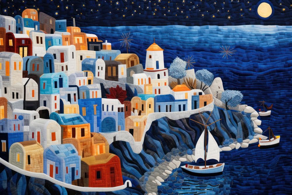 Santorini in night painting craft art.