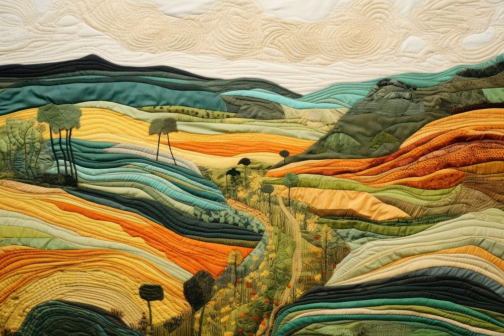 Stunning countryside landscape painting textile.