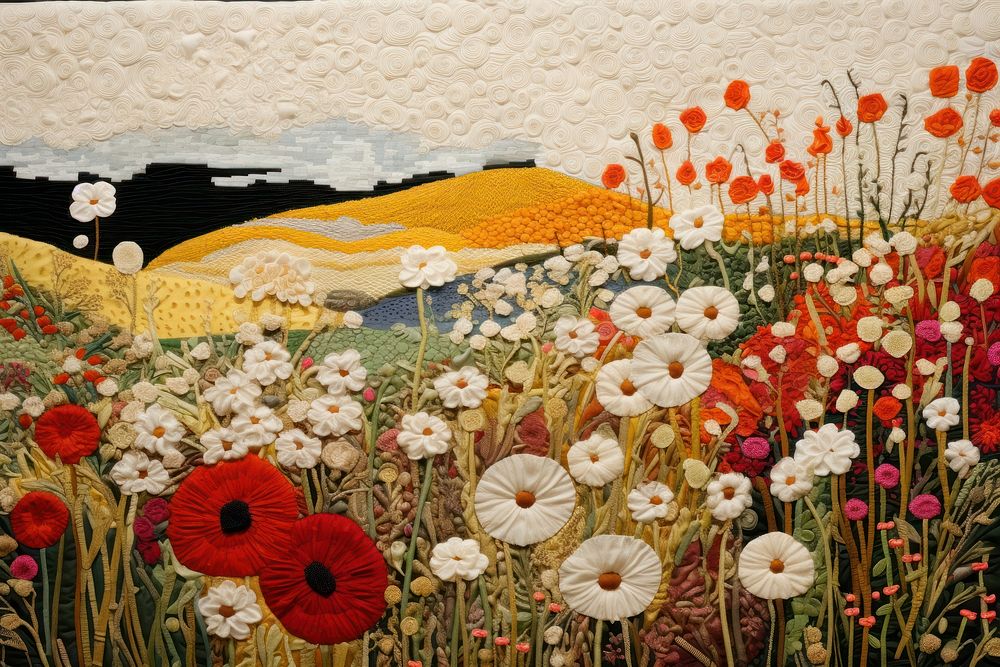 Stunning flower fields landscape painting pattern.
