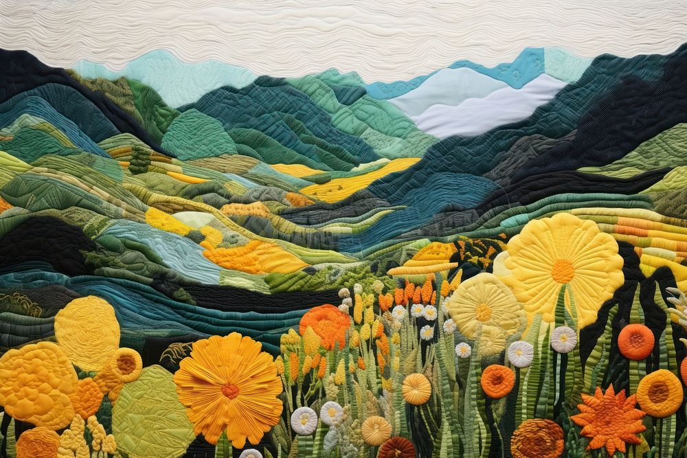 Stunning joyful valley landscape painting textile.