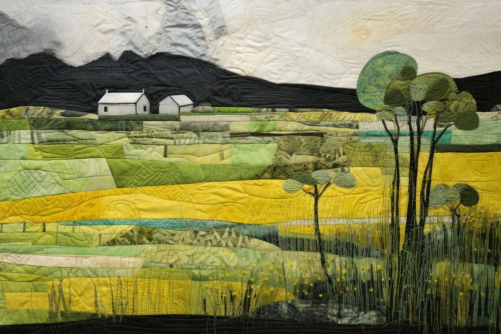 Stunning joyful countryside in green and yellow landscape outdoors painting.