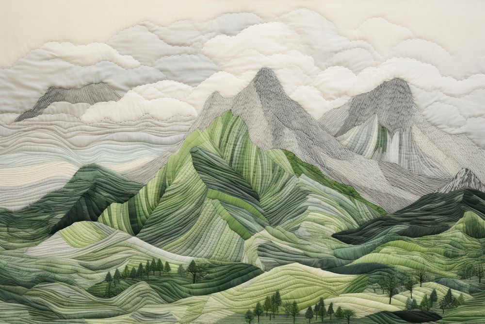 Stunning joyful mountain range in green and grey landscape painting drawing.