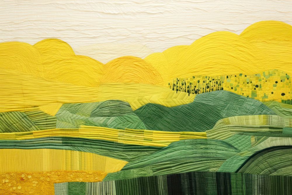 Stunning joyful countryside in green and yellow landscape painting textile.