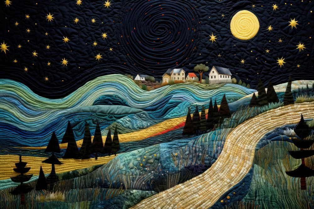 Stunning joyful road with season in starry night in nighttime landscape painting art.