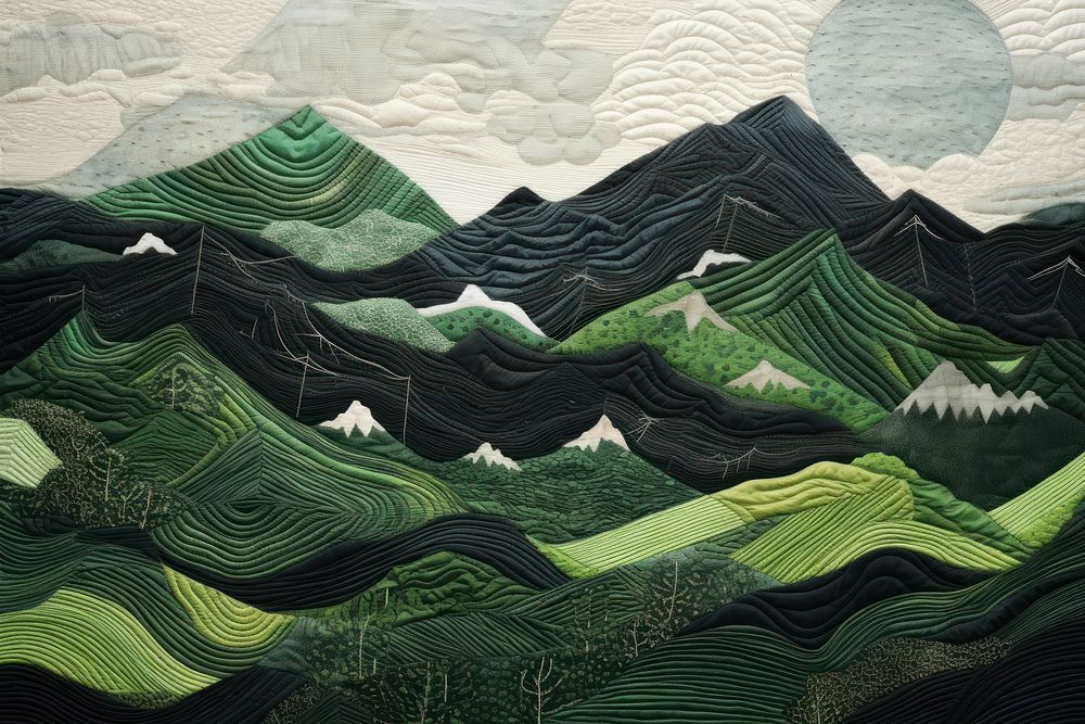 Stunning joyful mountain range in green and grey in nighttime landscape nature quilt.