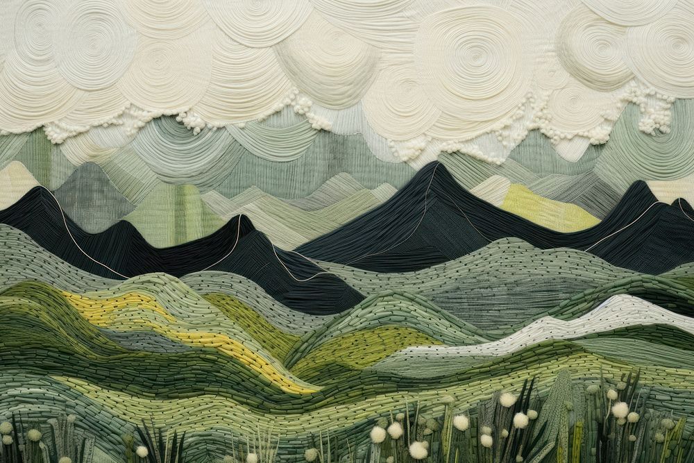 Stunning joyful mountain range in green and grey landscape textile art.