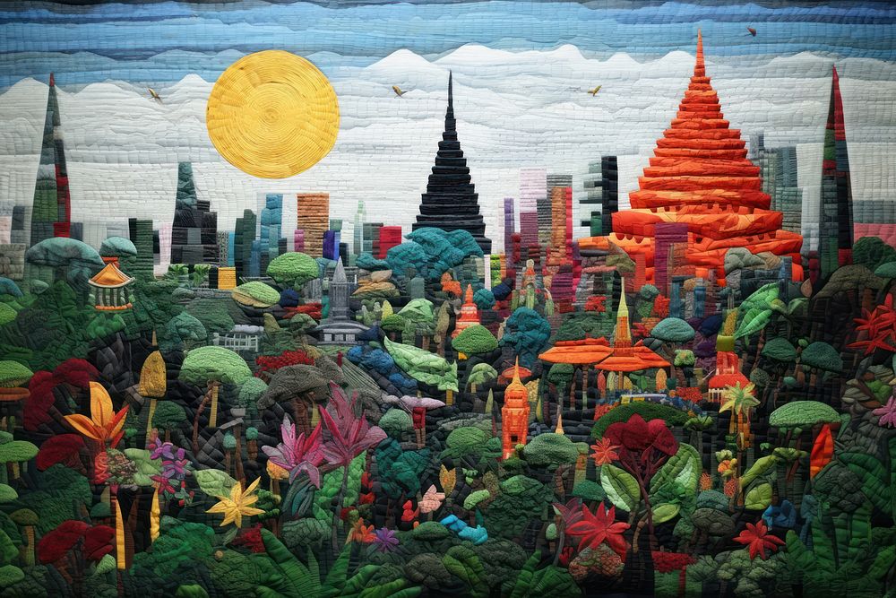 Stunning joyful bangkok with big buddha in city landscape tapestry painting.